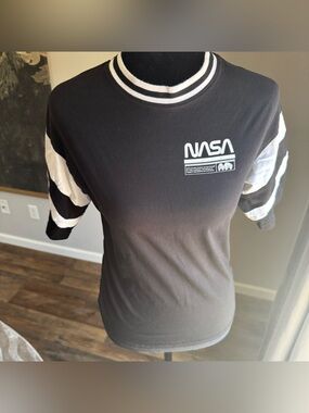 H&M Black Crew Neck Tee with White Striped Sleeves - NASA Graphic